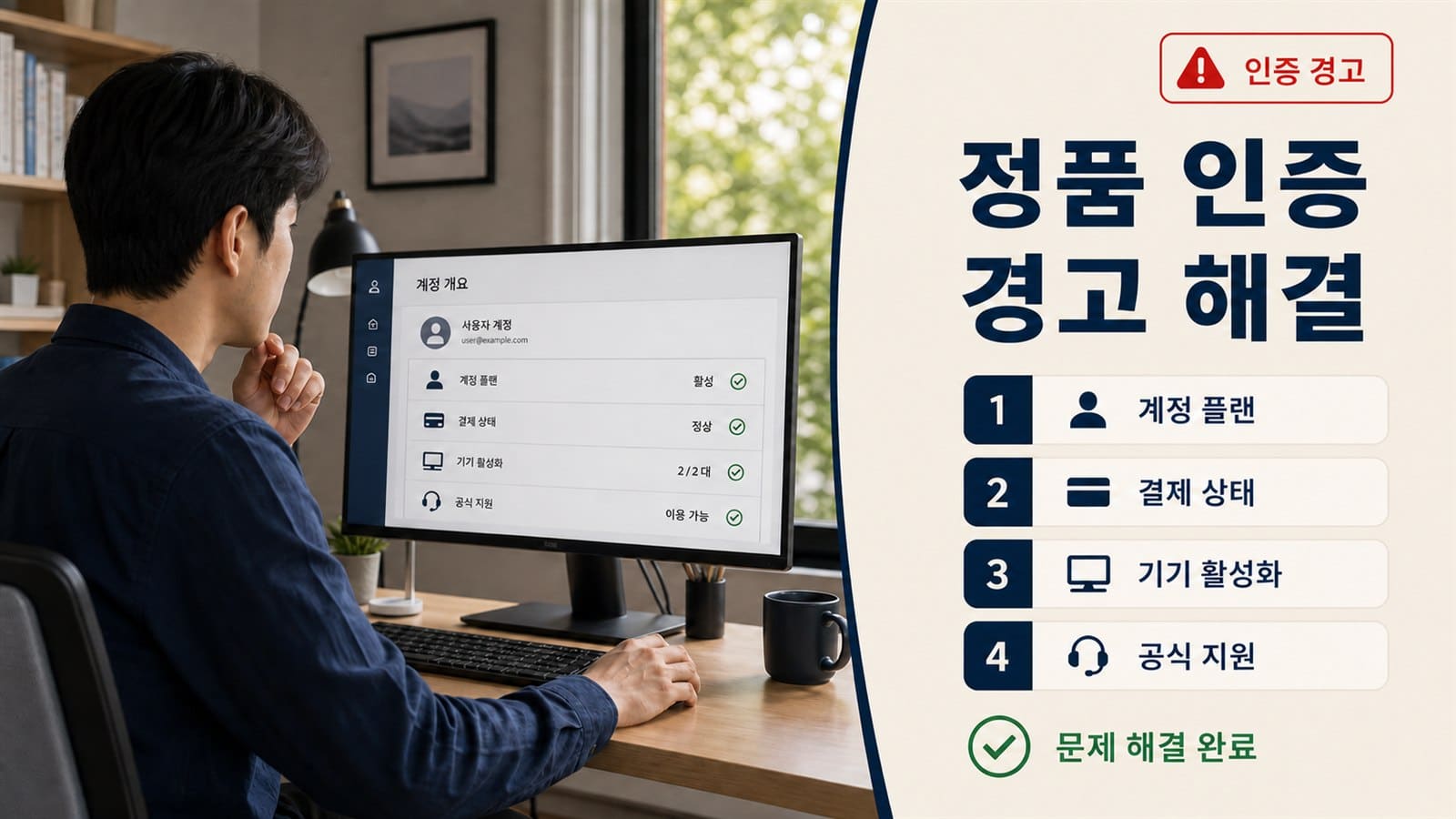 어도비 정품 인증 경고를 계정 플랜, 결제 상태, 기기 활성화, 공식 지원 순으로 확인하는 화면