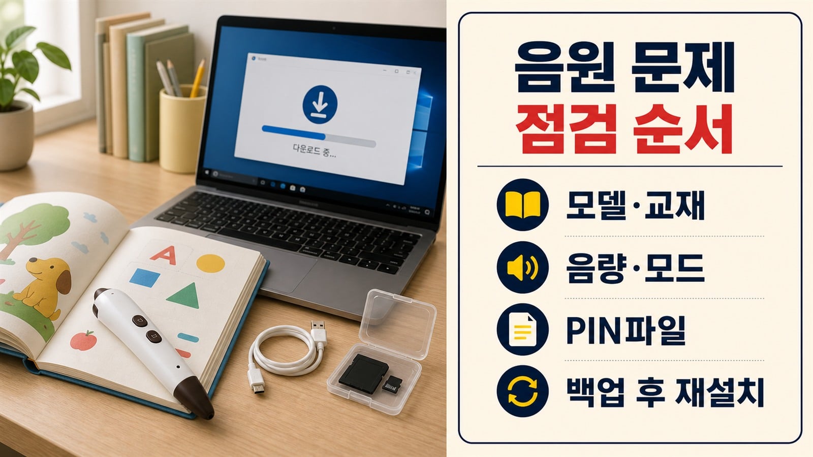 음원 학습펜이 작동하지 않을 때 모델과 교재, 음량과 모드, PIN파일을 점검하는 화면