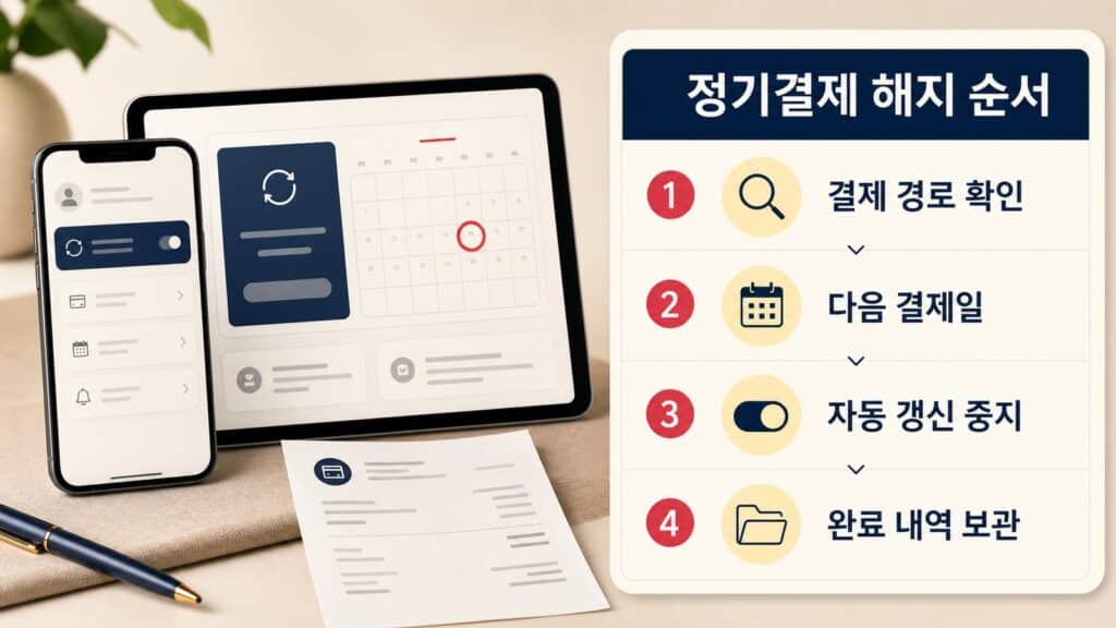 스트리밍 정기결제의 결제 경로와 다음 결제일, 자동 갱신 중지와 완료 내역을 확인하는 화면