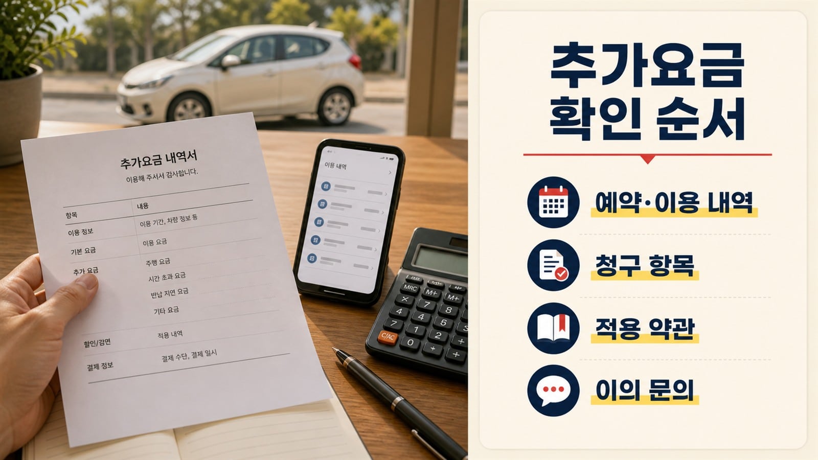 카셰어링 추가요금 알림에서 예약과 청구 항목, 적용 약관, 문의 순서를 확인하는 화면