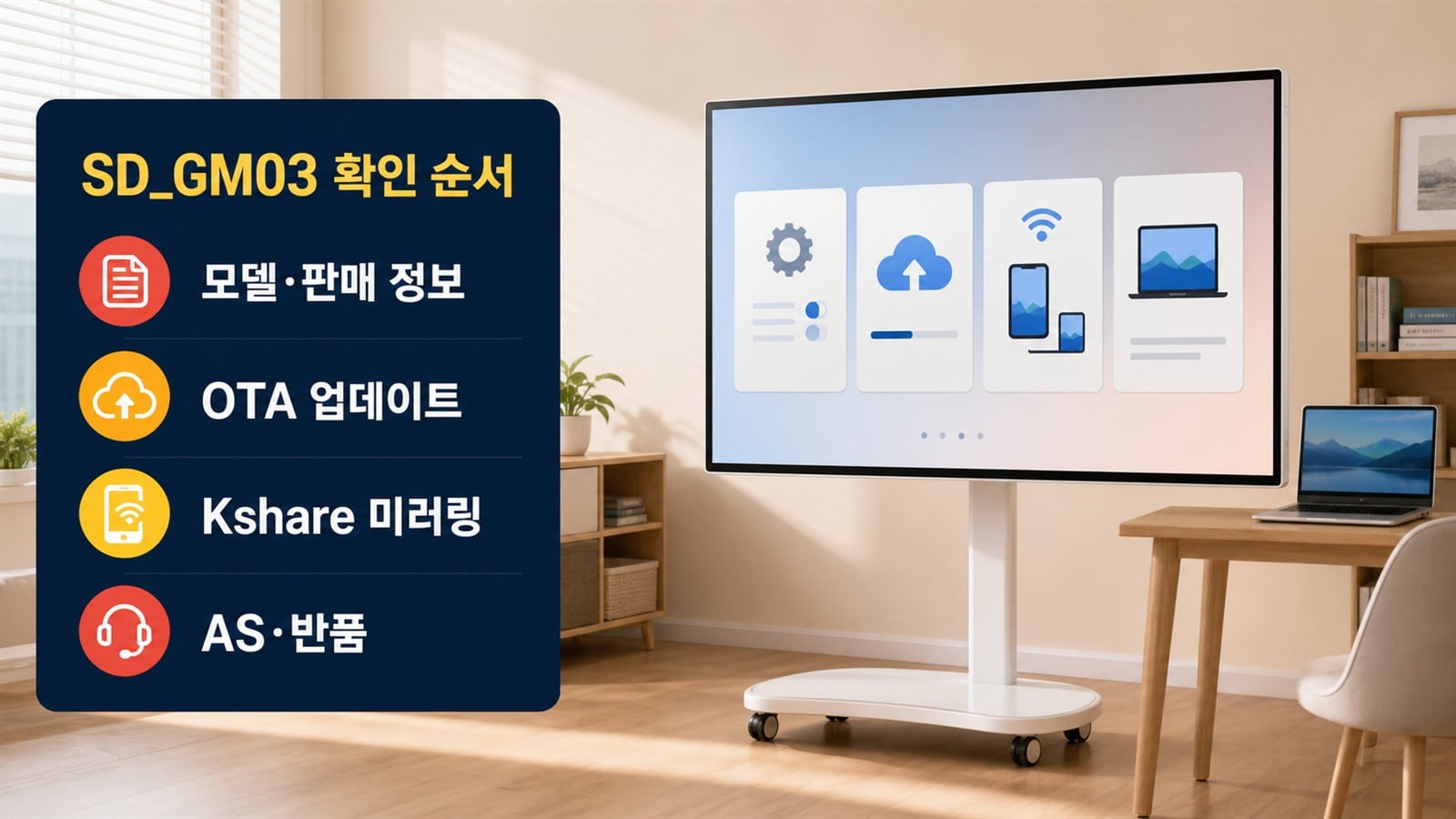포터블 스크린의 모델과 판매 정보, OTA 업데이트, 미러링과 AS를 확인하는 화면