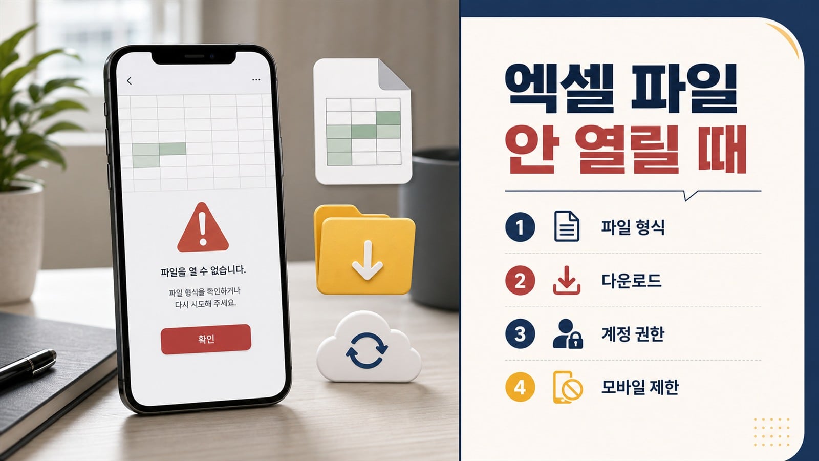 핸드폰에서 엑셀 파일을 열기 전 파일 형식과 권한을 확인하는 화면