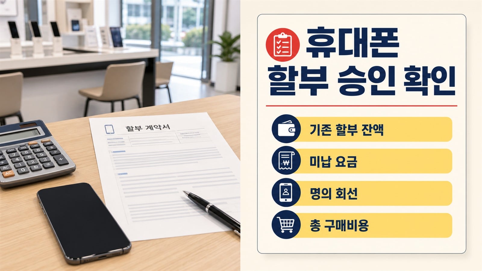 휴대폰 할부 승인 전 기존 할부 잔액과 미납, 명의 회선, 총 구매비용을 확인하는 화면