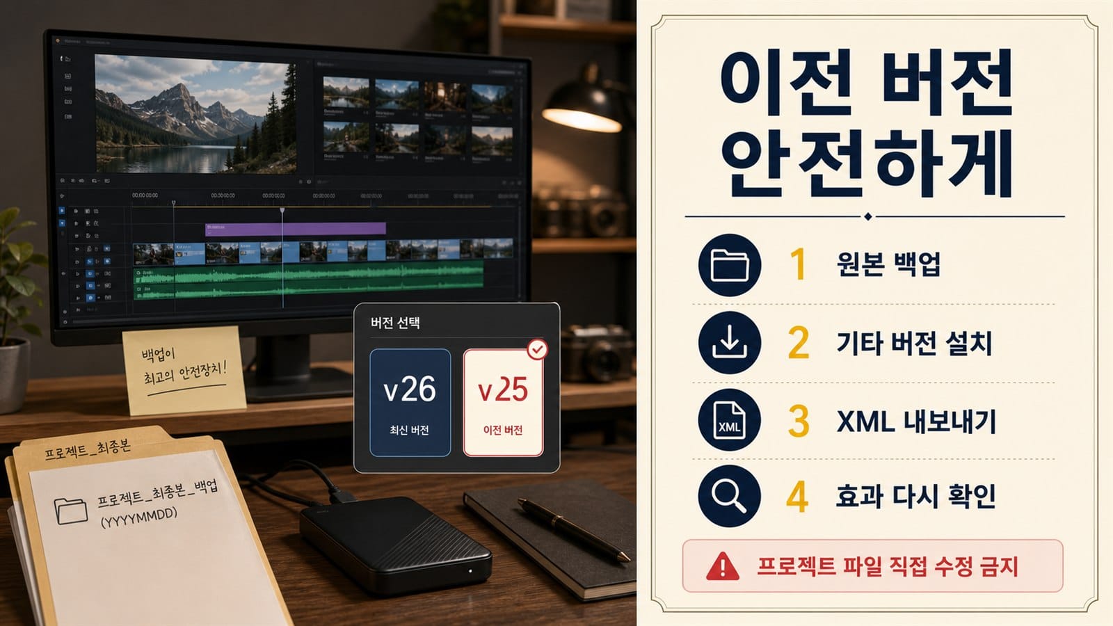 프리미어 이전 버전을 설치하고 원본 백업과 XML 호환성을 확인하는 순서