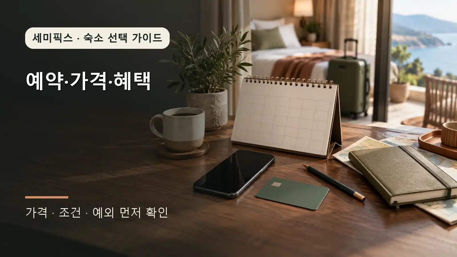 숙소 예약을 준비하는 달력과 휴대전화, 결제카드가 놓인 책상