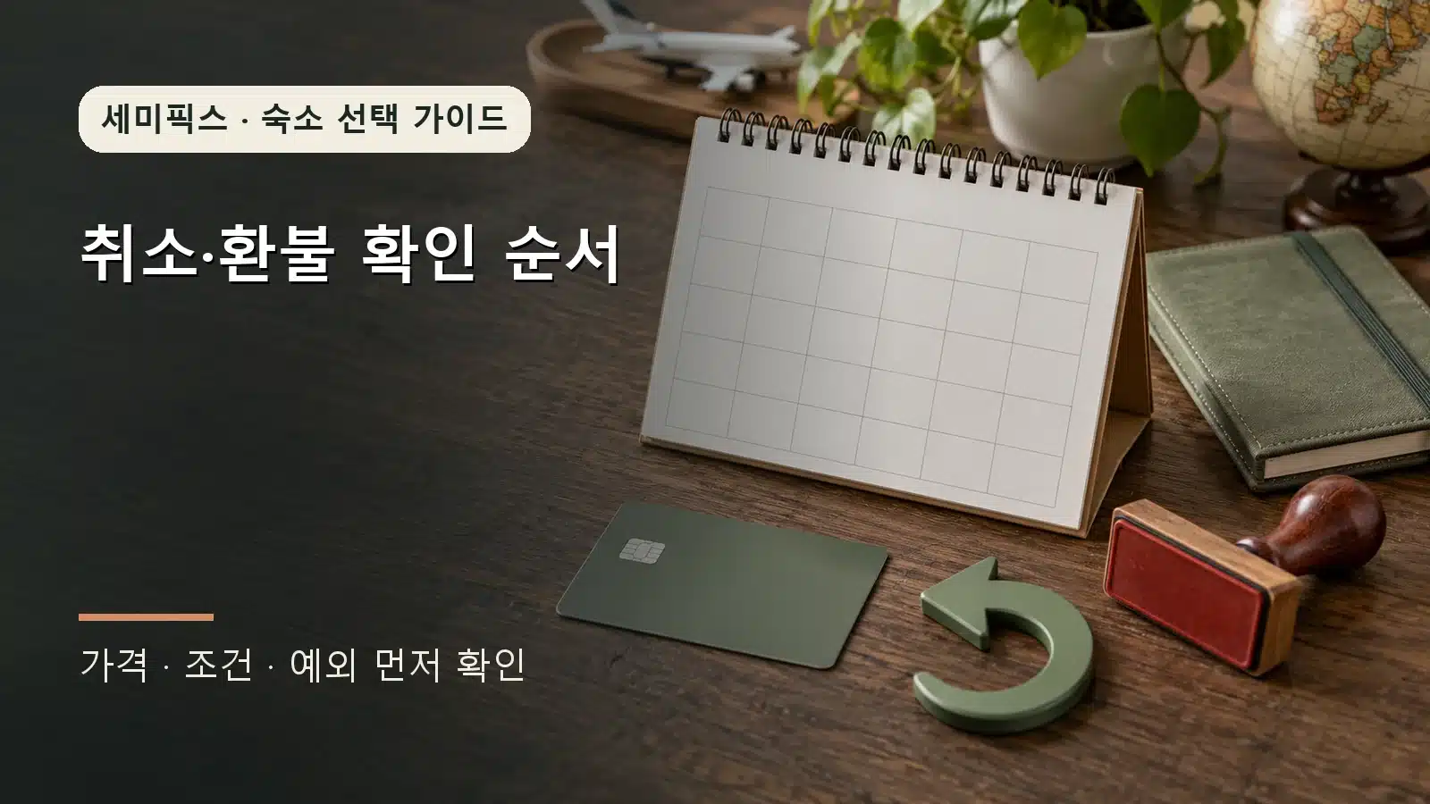 숙소 취소와 환불 절차를 상징하는 달력과 카드, 취소 도장