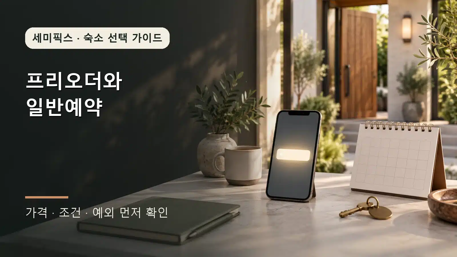 신규 숙소 예약 알림을 준비하는 휴대전화와 달력, 객실 열쇠