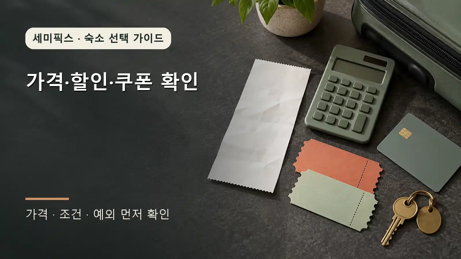 숙박 총비용을 비교하는 영수증과 계산기, 결제카드와 쿠폰 모양 종이