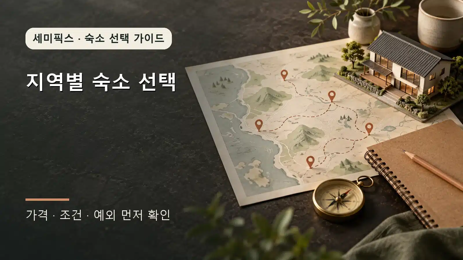 지역별 숙소 동선을 계획하는 추상 지도와 숙소 모형, 나침반