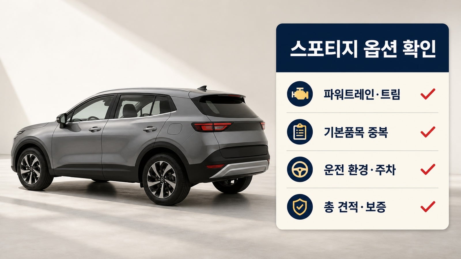 스포티지 구매 전 파워트레인과 트림, 기본품목, 운전 환경과 총 견적을 확인하는 화면