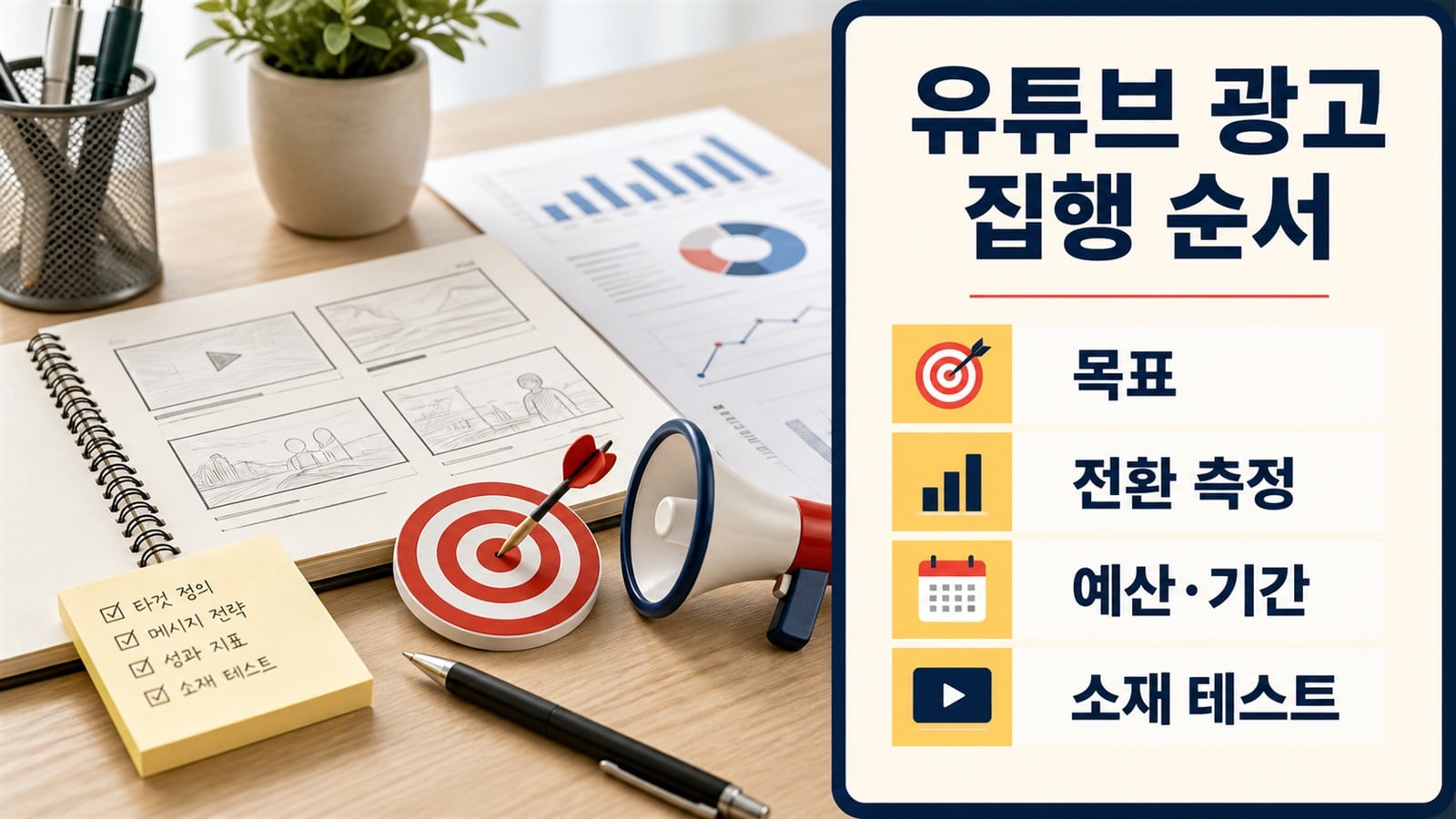 유튜브 광고 캠페인의 목표, 전환 측정, 예산과 소재 테스트를 설계하는 화면